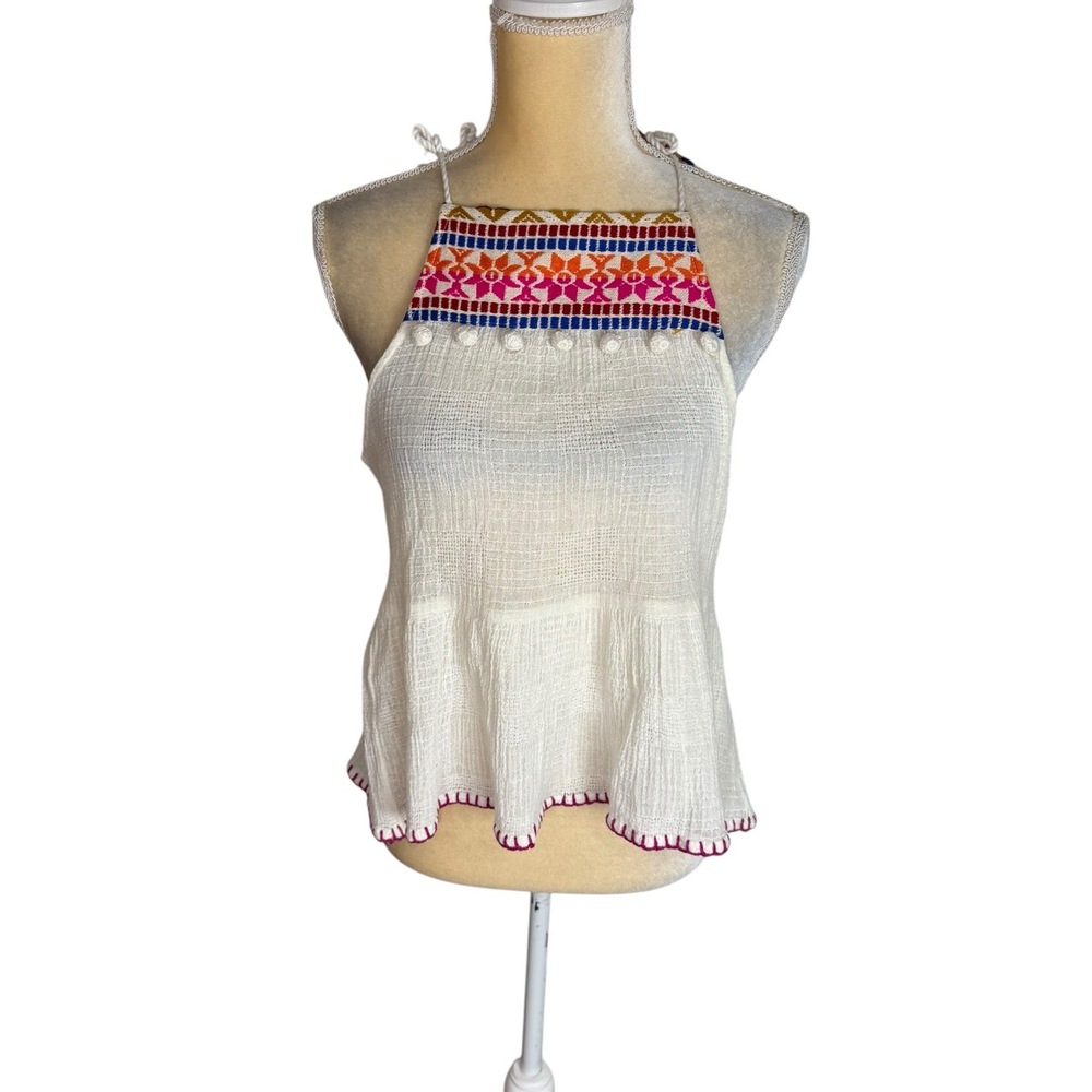 Saylor Embroidered Tie Straps Boho Aztec Sleeveless Halter Top‎ Medium